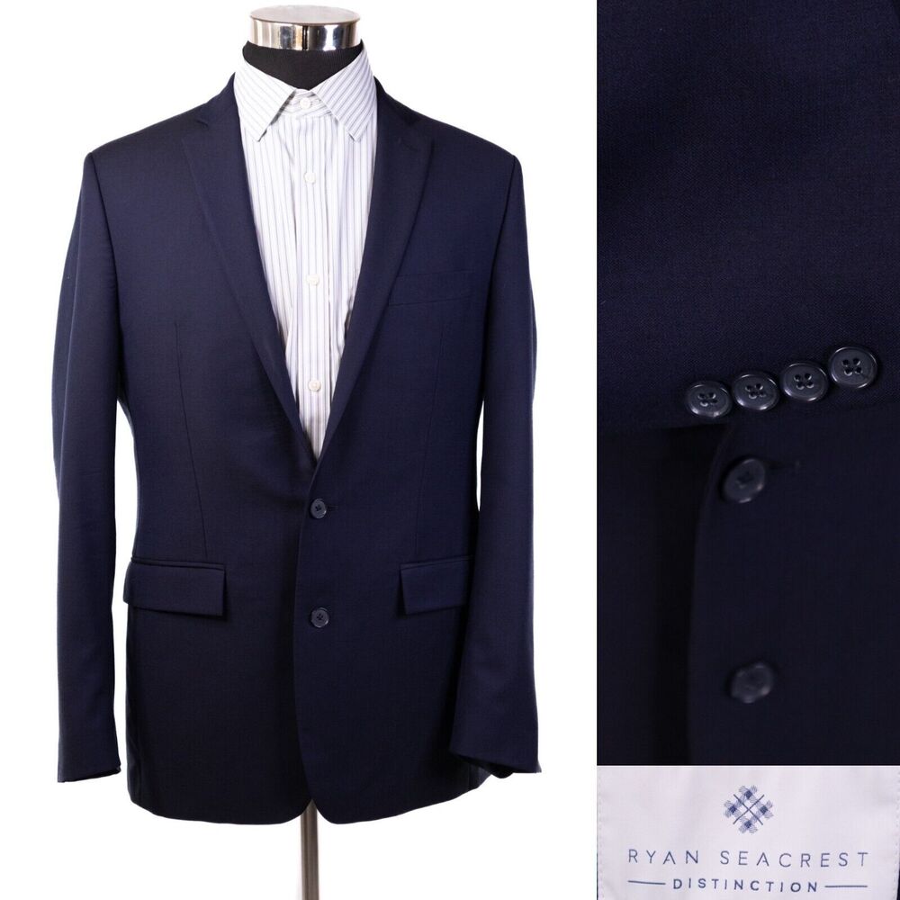 Mens Ryan Seacrest Blue Blazer Sport Coat Sport Jacket Wool 40L Men Button Suits